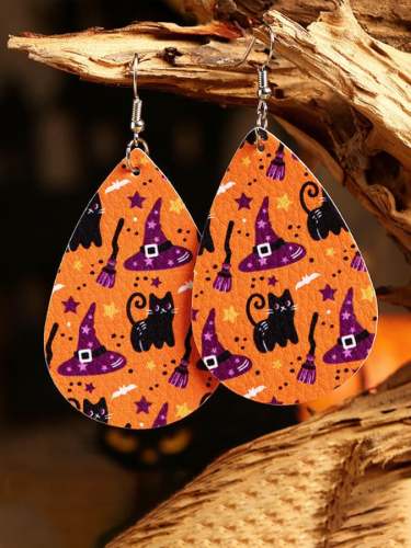 Halloween Casual Witch Hat Black Cat Printed Earrings