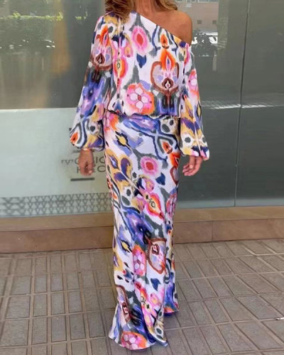 Casual Printed One-Shoulder Long-Sleeve Top & Skirt Two-Piece Set