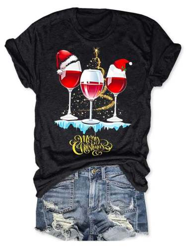 Women's Wine Simple Christmas Print Casual T-Shirt