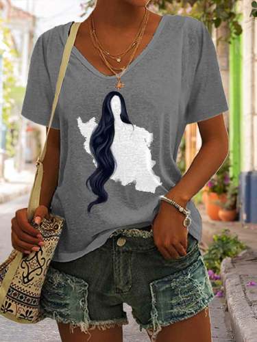 Abstract Women Hair Print V-Neck T-Shirt