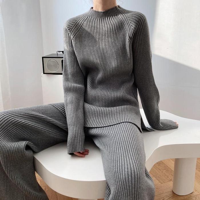 Fashion Ribbing Texture Round Neck Solid Color Two-piece Suit