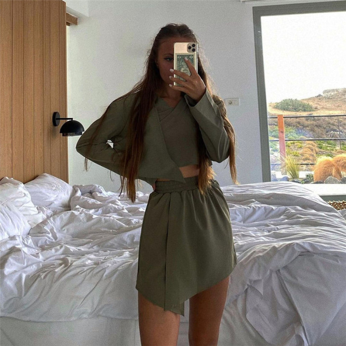 Casual V-neck Solid Color Asymmetry Two-piece Set