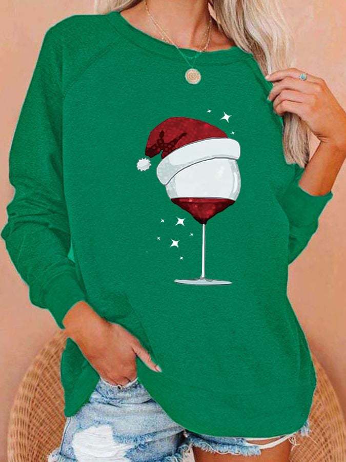Women's Christmas Wine Glass Print Sweatshirt