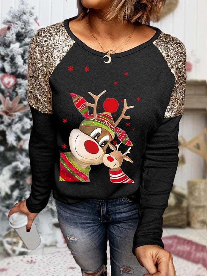 Women's Christmas Deer Print Sequin Long Sleeve T-Shirt