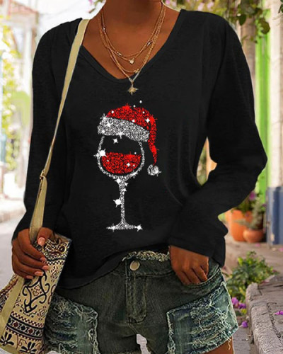 Christmas Wine Glass Print V-Neck T-Shirt