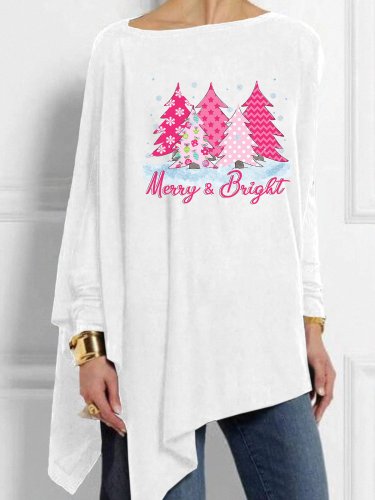 Women's Merry And Bright Pink Christmas Tree Print Casual Top