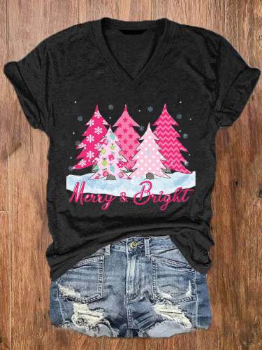 Women's Merry And Bright Pink Christmas Tree Print Casual T-Shirt