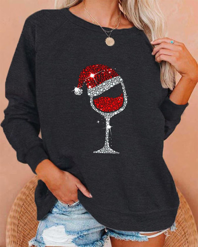 Christmas Wine Glass Print Casual Sweatshirt