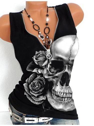 Rose Skull V-neck Sleeveless T-shirt Vest Tops