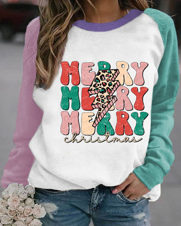 Merry Christmas, Leopard Bolt Colorblock Print Sweatshirt