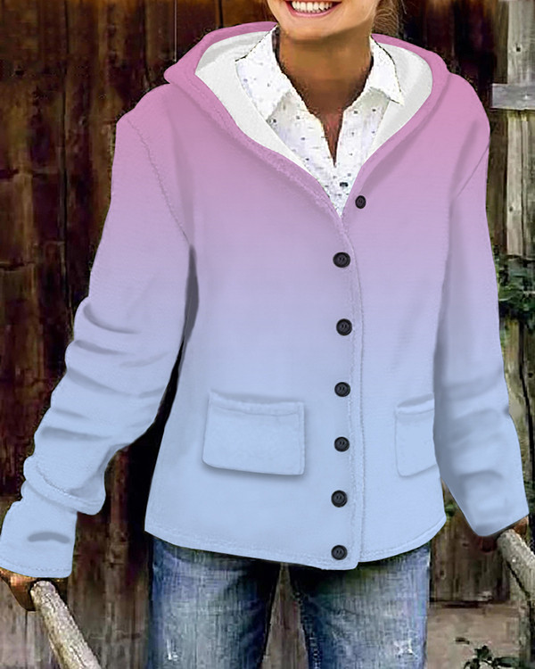 Casual Gradient Long-sleeve Woolen Hooded Coat