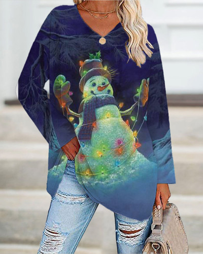 Women's Christmas Snowman Print Casual Long-Sleeve T-Shirt