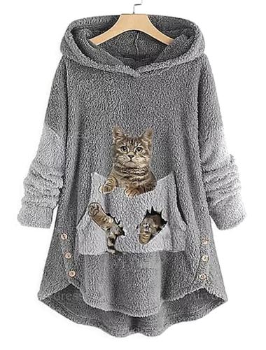 Women's Plus Size Tops Animal Cat Print Teddy Hoodie Sweatshirt