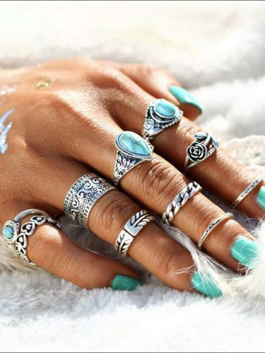 Wisherryy Vintage Totem Flower Turquoise 10-piece Joint Combination Ring