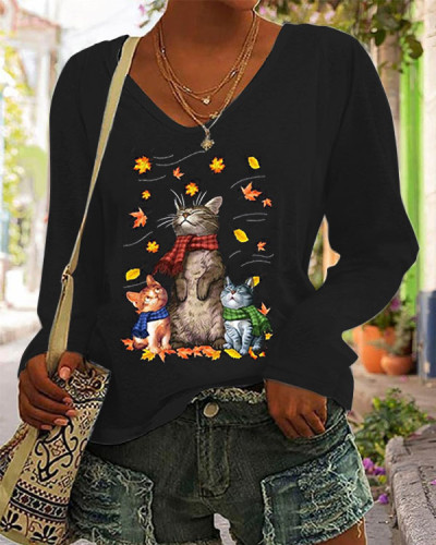 Cute Cat Maple Leaf V-Neck Long Sleeve Top