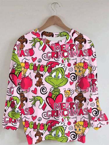 Pink Grinch Merry Christmas Print Sweatshirt