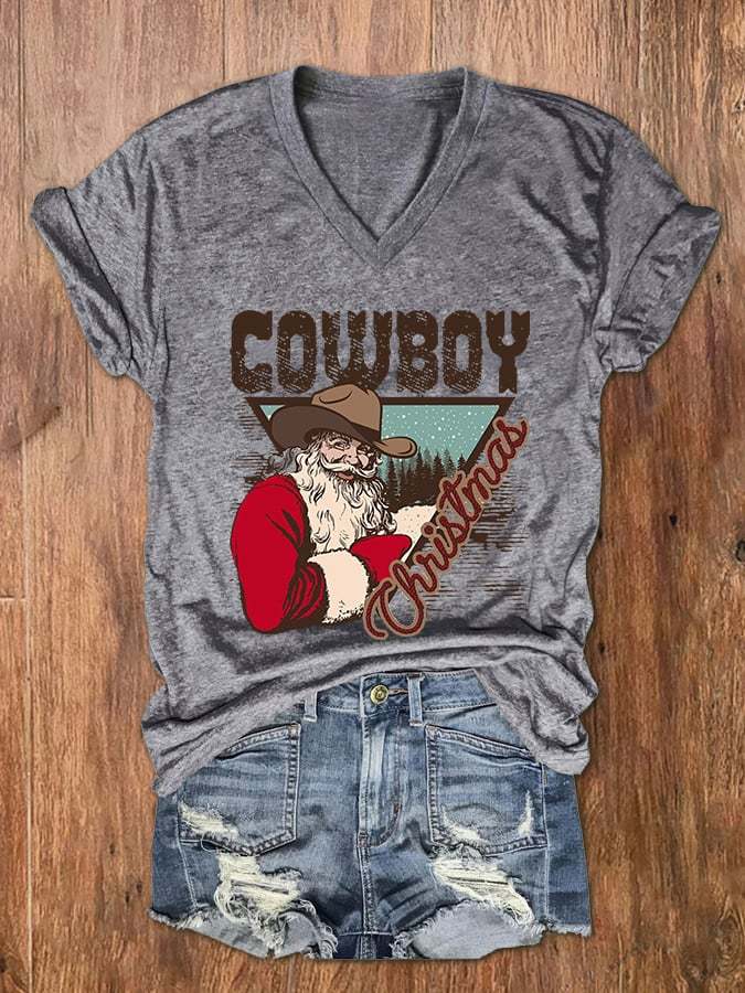 Women's Cowboy Christmas Santa Print V-Neck T-Shirt