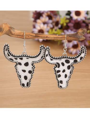 Women's Vintage Western Plush Bullhead and Leopard Patch Leather Alloy Earrings