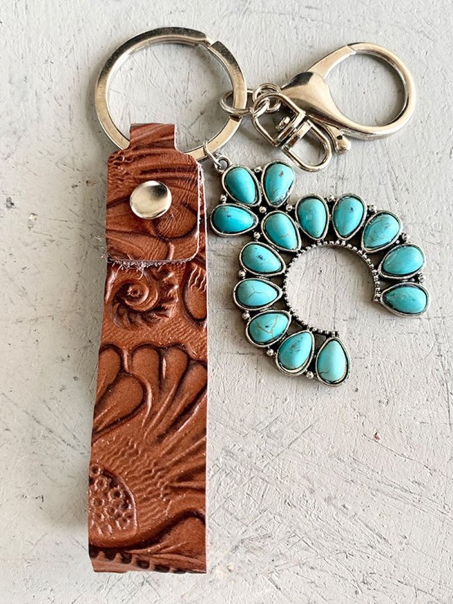 Western Denim Turquoise Leather Texture Pendant Keychain