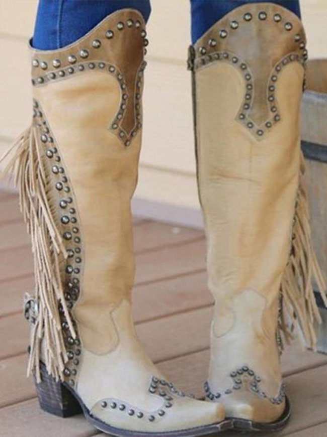Women's Western Vintage Fringe Studded Chunky Heel Boots