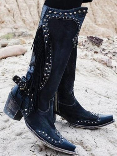 Women's Western Vintage Fringe Studded Chunky Heel Boots