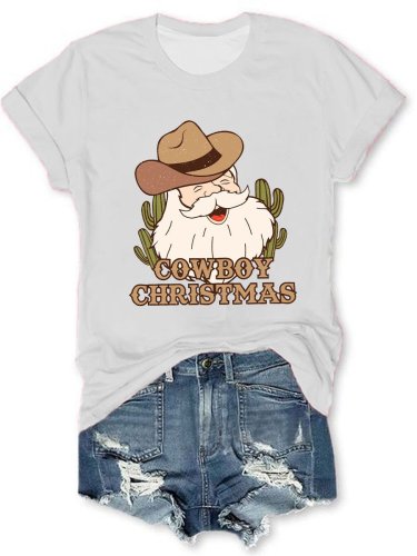 Women's Western Christmas Cowboy Santa Print T-Shirt