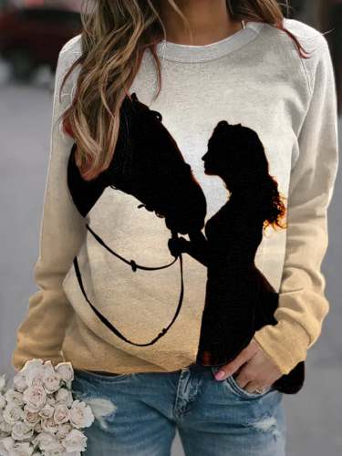 Women's Girl And Horse Silhouette Print Casual Sweatshirt