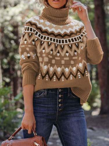 Vintage Geometric Print Striped Turtleneck Sweater