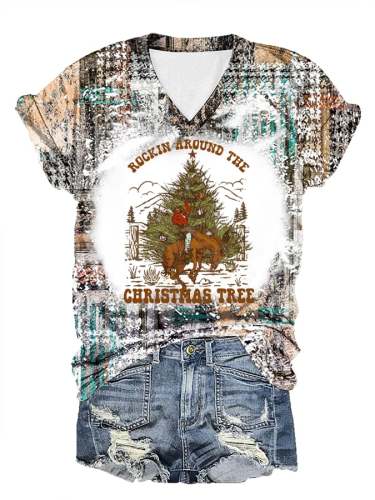 WOMEN'S WESTERN AND CHRISTMAS COMBINED  ROCKIN AROUND THE CHRISTMAS TREE  PRINT V-NECK T-SHIRT