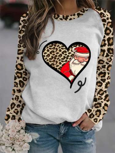 Women's Christmas Leopard Heart Santa Print Sweatshirt