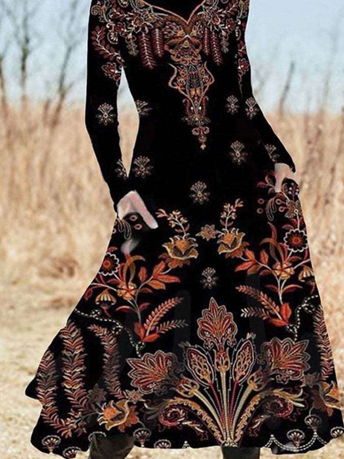 Vintage Ethnic Print Long Sleeve Dress