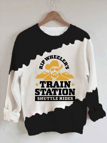 Women's Western Denim Rip Wheeler's Train Station Shuttle Rides Print Sweatshirt