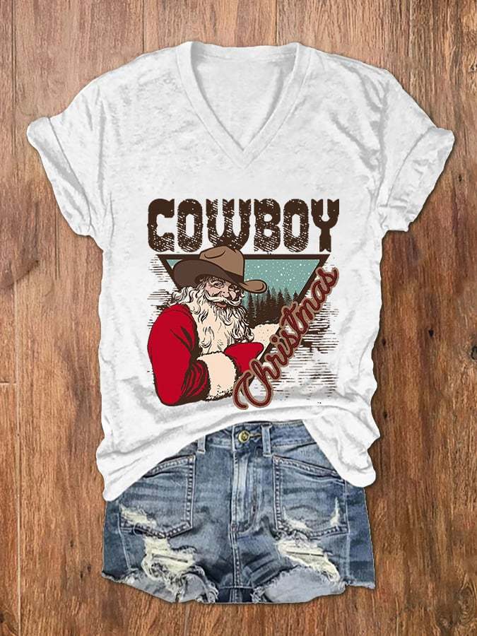 Women's Cowboy Christmas Santa Print V-Neck T-Shirt