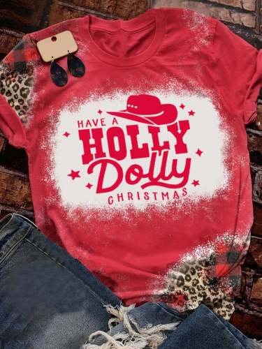 Women's Have a Holly Dolly Christmas Cowgirl Print Leopard T-Shirt