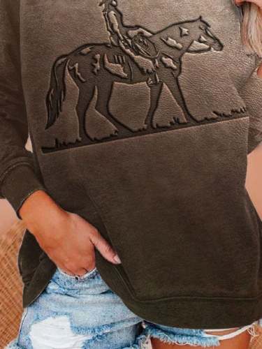 Horse Print Crew Neck Long Sleeve Sweatshirt