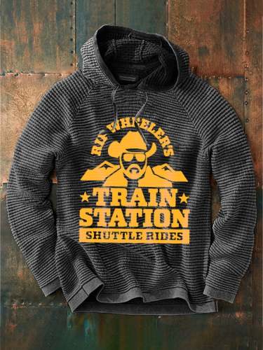 Men's Western Denim Rip Wheeler's Train Station Shuttle Rides Printed Waffle Hooded Drawstring Sweatshirt