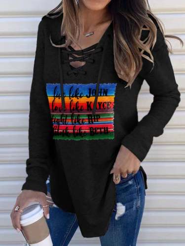 Retro Western Ethnic Print Lace-Up V-Neck Long Sleeve T-Shirt