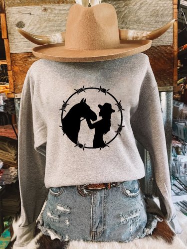 Women's Western Denim Horse Print Sweatshirt