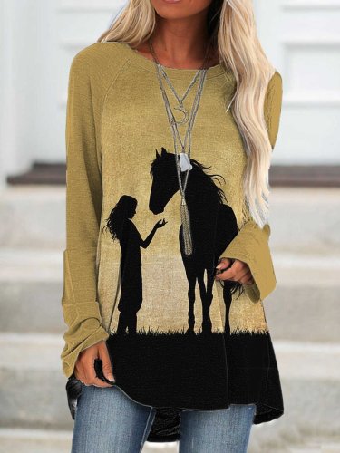 Women's Girl And Horse Silhouette Print Long Sleeve Top