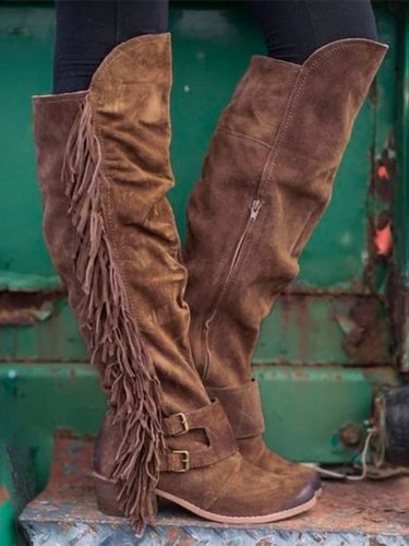 Women's Western Vintage Fringe Chunky Heel Plus Size Boots