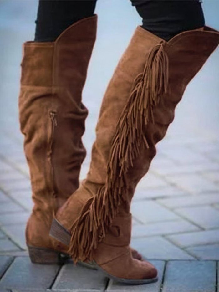 Women's Western Vintage Fringe Chunky Heel Plus Size Boots