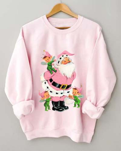 Women's Vintage Pink Santa and Elf Print Sweatshirt