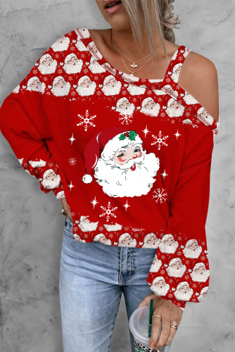 Women's Red Santa Print Cold Shoulder Top