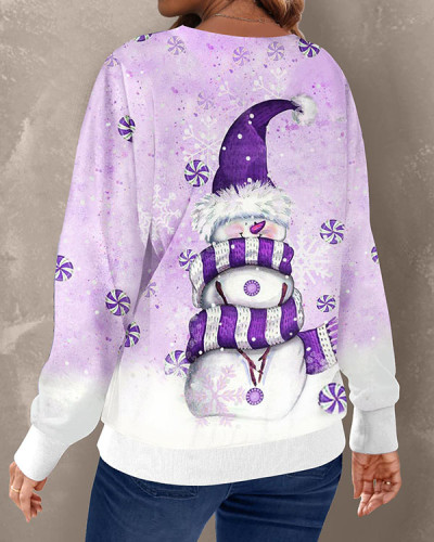 Purple Christmas Snowman Long Sleeve Crew Sweatshirt