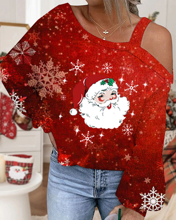 Red Santa Print Cold Shoulder Top