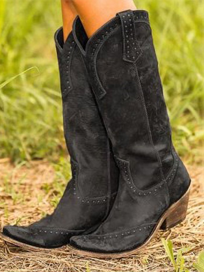 Women's Western Vintage Embroidered Studded Chunky Heel Plus Size Boots