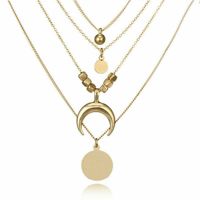 Personalized Multilayer Moon Disc Pendant Necklace