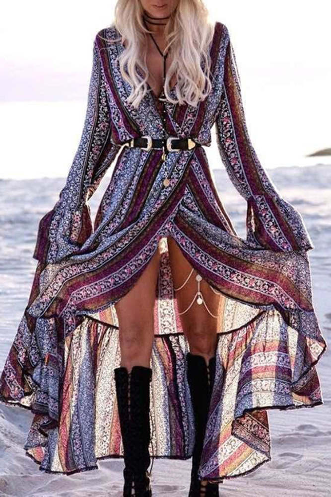 Wisherryy Boho Print Lace-Up Maxi Dress
