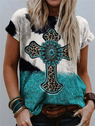 Western Turquoise Cowhide Cross T Shirt