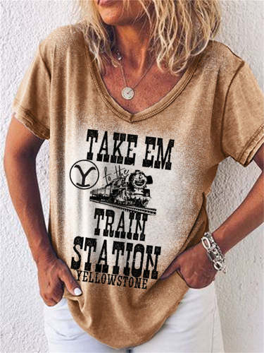 Western Train Station Graphic Bleached T Shirt